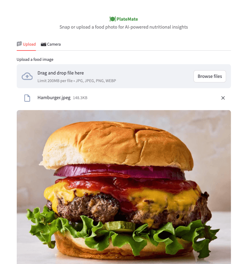 Screenshot of the PlateMate food analysis interface